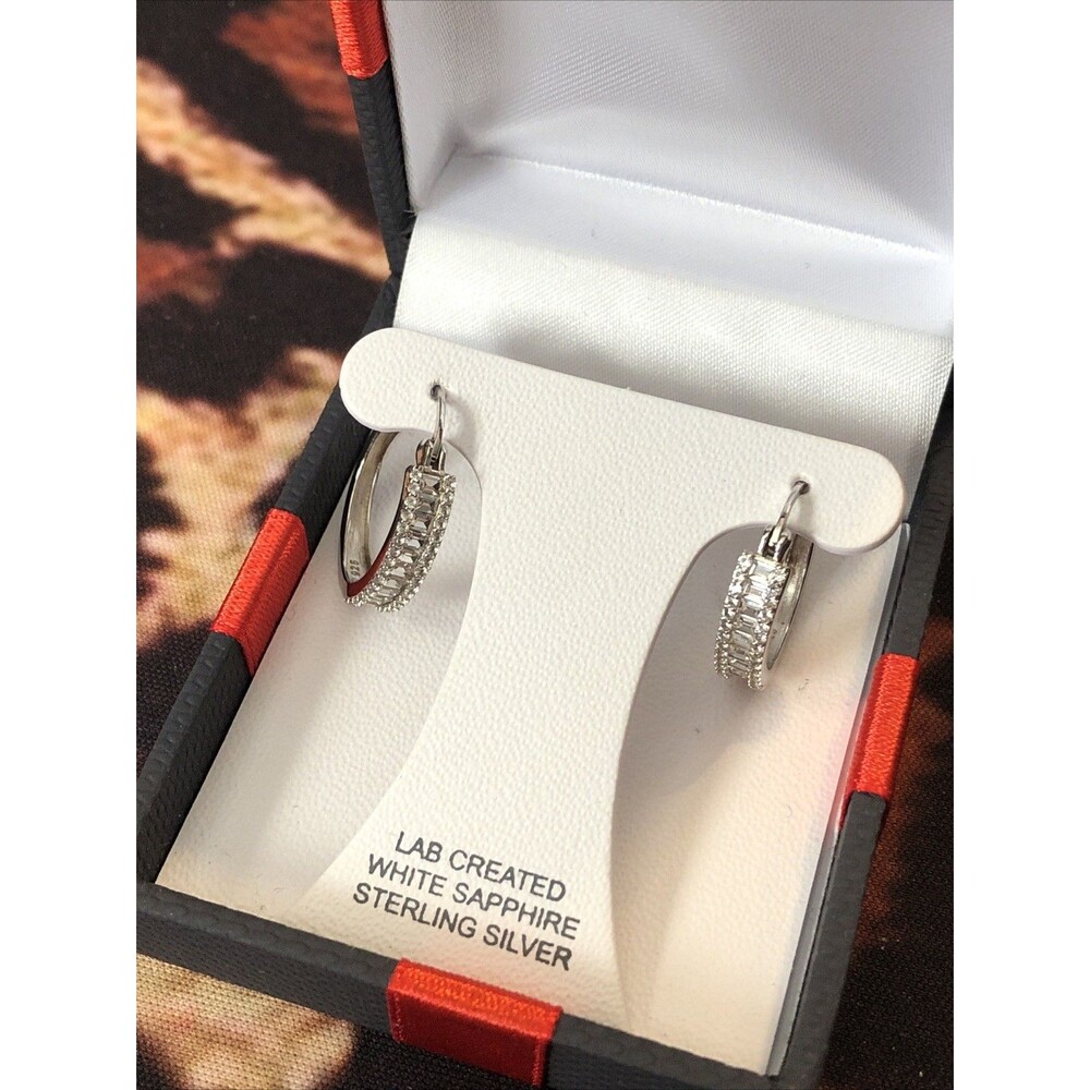 Yes Please Sterling Silver Lab Created Baguette Cut White Sapphire Hoop Earrings